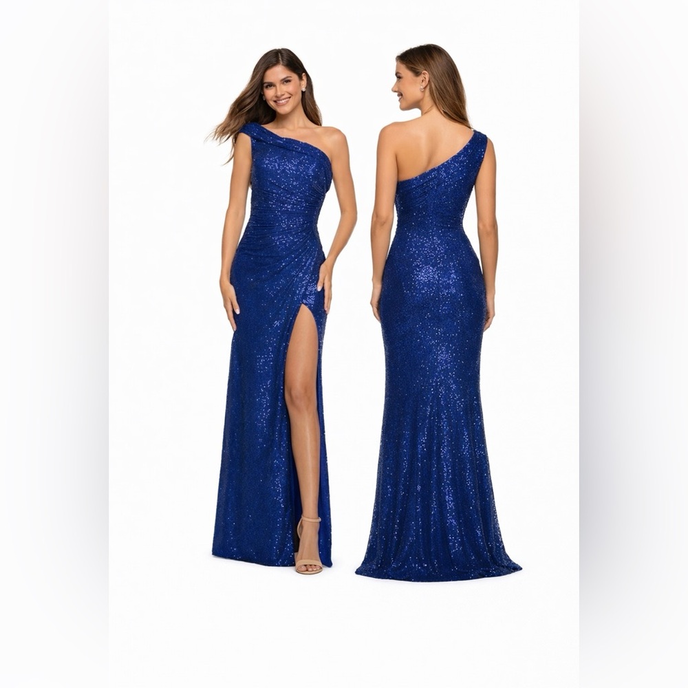 La Femme Formal Sequin Gown 2 Blue Ruched One-Shoulder Prom Gala Cruise NEW $328